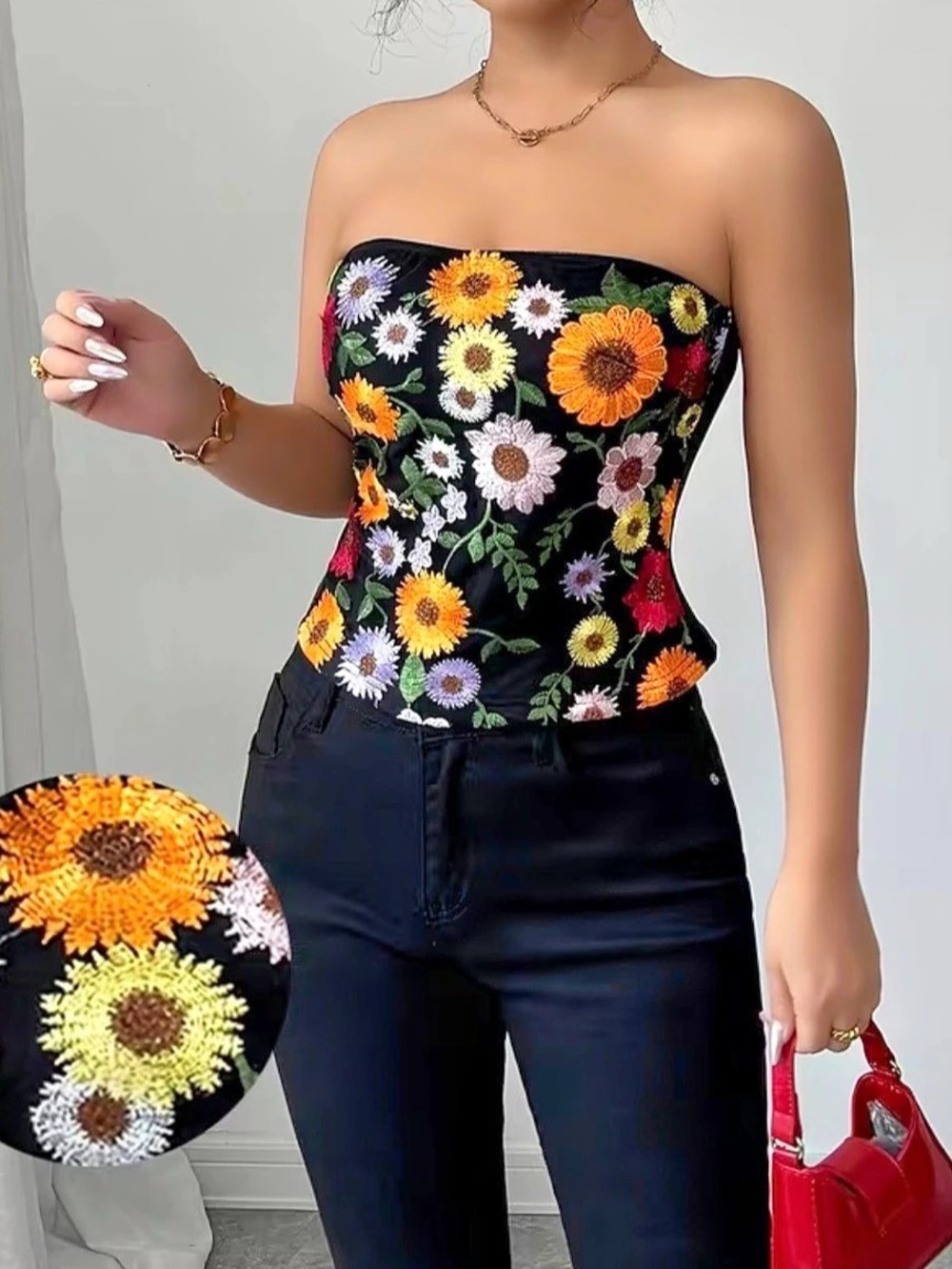 Colourful Floral Strapless Crop Top in Black